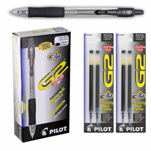 Pilot g2 retractable gel ink pens ultra fine point 0.38mm black 12/pack w/refill for sale