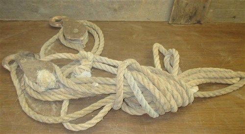 Vintage block &amp; tackle hemp rope metal barn tool farm country rustic decor g for sale