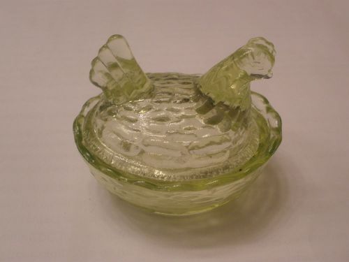 Glass salt cellar hen chicken on nest basket dish. 3