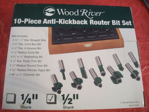 WOODRIVER 10 PIECE ANTI-KICKBACK ROUTER BIT SET NIB #143850 1/2&#034; SHANK