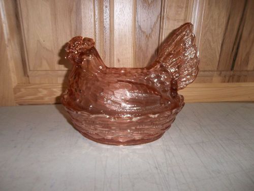 Pink carnival glass hen chicken on nest basket candy butter dish rooster egg art for sale