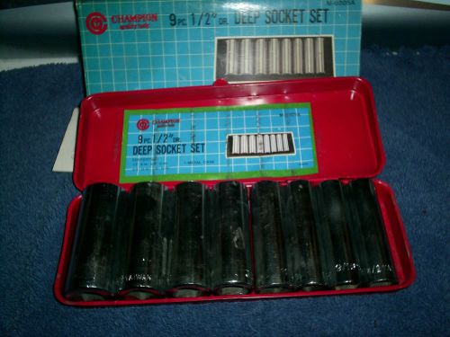 Vintage 9pc 1/2&#034; Deep Socket Set with red metal case Champion