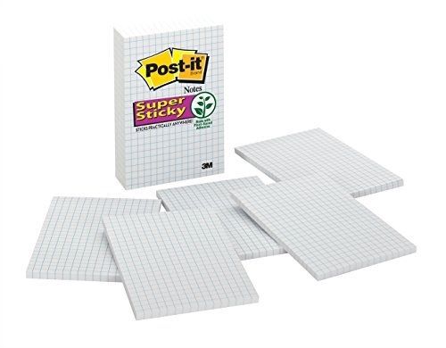 Super Sticky Notes, 4 in x 6 in, White with Blue Grid, 6 Pads/Pack, 50