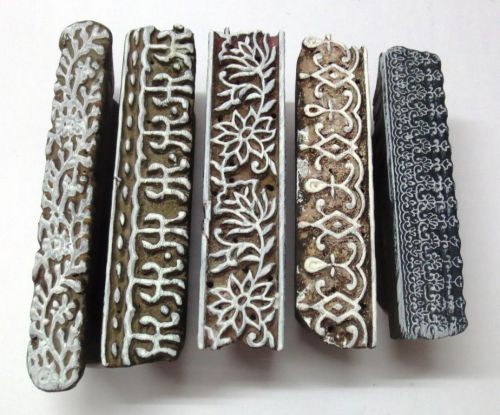 Lot of 5 indian wooden hand carved textile print fabric block stamp borders 001 for sale