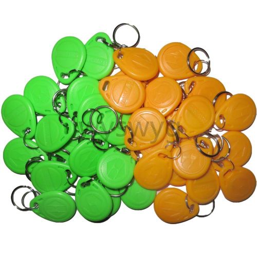 100pcs 125KHz RFID ID EM4100 Proximity Induction Tag Token Keyfob Green &amp; Yellow