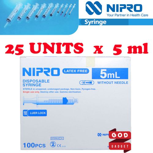 25 x 5ml cc nipro syringe luer lock tip hypodermic sterile latex free no needle for sale