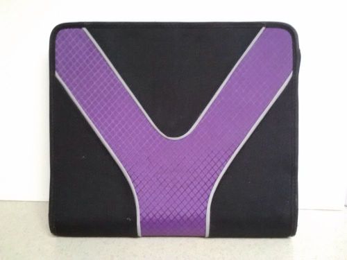 3 Ring Zipper Binder Organizer 14&#034;x12&#034; W/ File Folder Black/Purple ~PREOWNED~