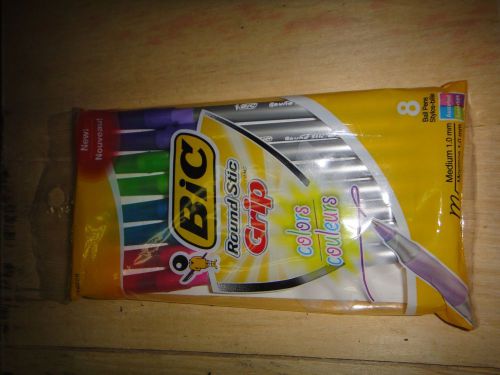 BIC COLORS Round Stic Grip Medium Ball Point Pens - 8 PACK - blue green purple