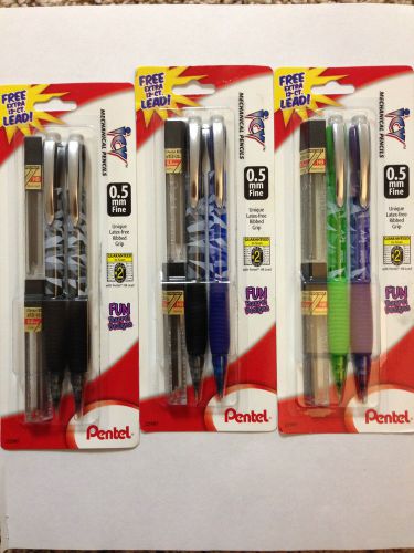 6 Mechanical Pencils + 72  lead   .05mm pentel pencils soft rubber grip