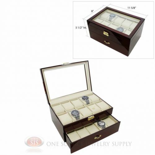 20 Watch Glass Top Rosewood Watch Case with Beige Faux Leather Lining Display