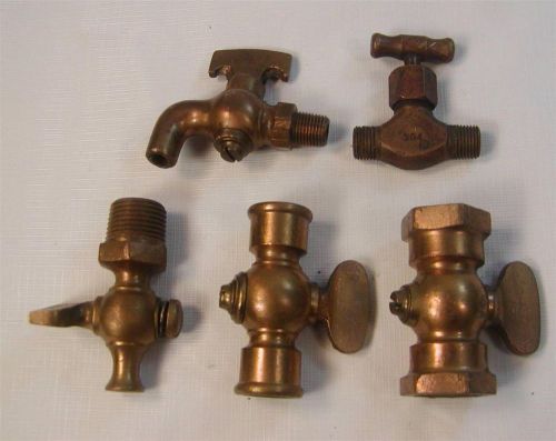 5 ANTIQUE SOLID BRASS HIT &amp; MISS STEAM ENGINE TRAIN VALVES DRAIN VALVES COCKS