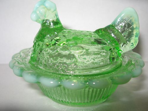 Green Opalescent glass salt cellar celt hen chicken on nest basket dish rooster