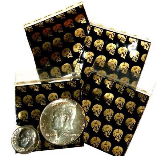200 Baggies Golden Skulls 1.75 x 1.75&#034; Apple brand  mini ziplock bags 175175