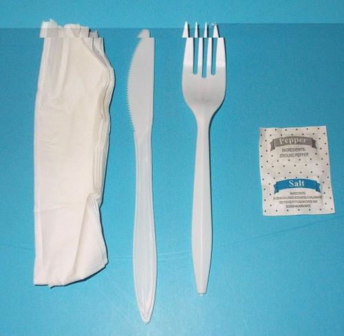 250 Knife, Fork, Salt, Pepper, and Napkin kits / packs, White, Medium Weight