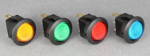 SET OF 4 (DIFFERENT COLORS) 12 VOLT D.C., 16 AMP ILLUMINATED ROCKER SWITCHES.