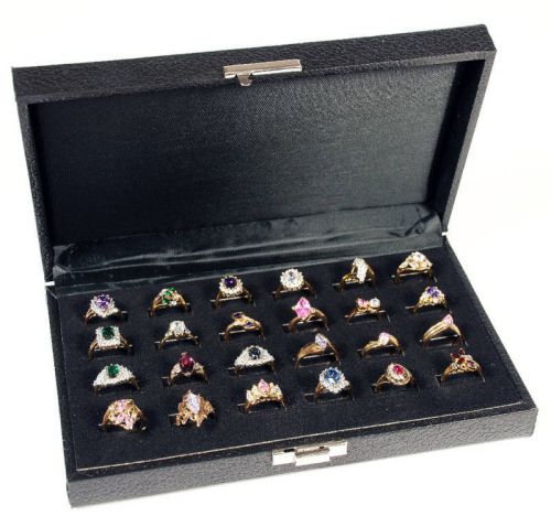Ring Storage Display Travel Case 24 Wide Slot Organizer Wood Jewelry Latch Box