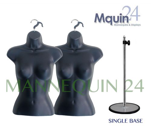 LOT of 2 FEMALE MANNEQUINS +1 STAND +2 HANGERS BLACK FEMALE TORSO FORM DISPLAY