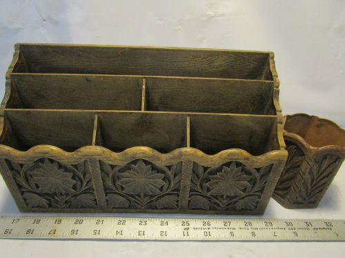 Vintage Lerner Desk Top Organizer Letter Mail &amp; Pen Holder Faux Carved Wood 12&#039;