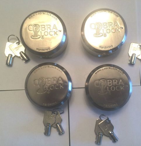 FOUR (4) COBRA ROUND TUBULAR KEY- HIDDEN SHACKLE PUCK PADLOCK &#034;NEW&#034;  KEYED ALIKE