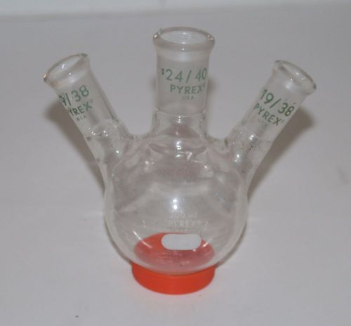 Pyrex glass 200 ml round bottom 3-neck flask - 24/40 ctr 19/38 sides for sale