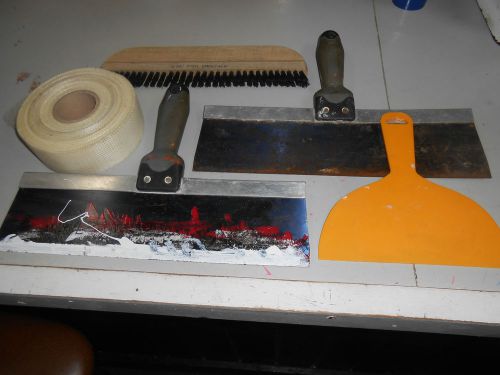 LOT OF DRYWALL  TOOLS - 14&#034; KNIFES (2) - 8&#034; KNIFE - VINYL BRUSH - ROLL OF TAPE