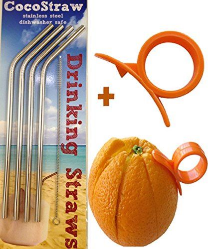 4 Stainless Steel Straws + FREE Cleaning Brush &amp; Citrus Peeler -- FUN! Handy ...