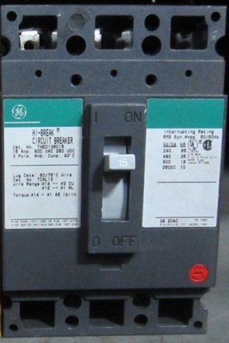 Unused ge general electric thed136015  600 vac  15 amp  3 pole circuit breaker for sale