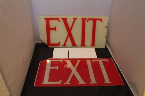 Pair of vintage industrial mid century glass exit sign reverse painted white red for sale