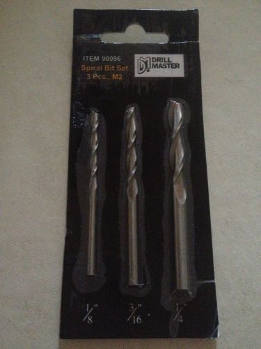 New 3 piece spiral  bit set 1/8&#034;  3/16&#034; 1/4&#034; hss shank drill master 90096 93451 for sale