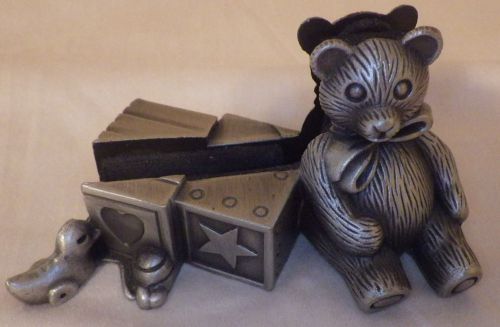 Business Card Holder Teddy Bear Duck Blocks Metal Paperweight 3.5&#034; Long 2&#034; Tall