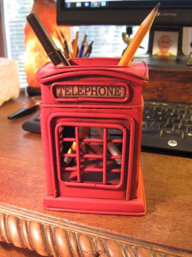 Vintage style  telephone  booth  pen &amp; pencil metal  holder  red desk organizer for sale