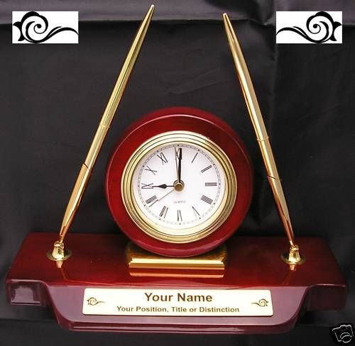 Personalized Desk Set Clock Pen Piano Finish Gift Award