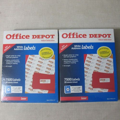 OFFICE DEPOT 7500 30 WHITE ADDRESS LABELS SHEET 1&#034; X 2-5/8&#034;  LOT 2 NEW (15.000)