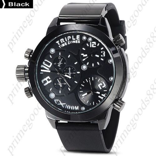 Hot series punk 3 time zones wristwatch quartz analog men&#039;s black face for sale