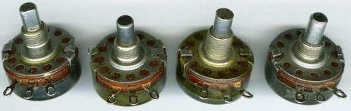 4 ALLEN-BRADLEY TYPE J POTENTIOMETERS 10K LIN, 1K LOG, 25K LOG, 100K LIN