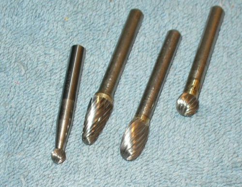 4 CARBIDE BURS,    1/4&#034; shank,  (W13),  used, USA.,  burrs, FREE SHIPPING