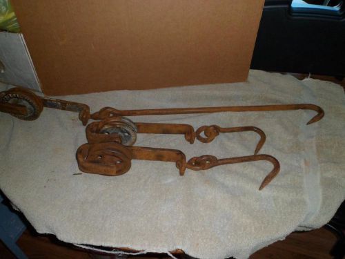 Lot of 3 heavy duty steel meat hooks &amp; pulleys~beef-deer-elk-taxidermy for sale