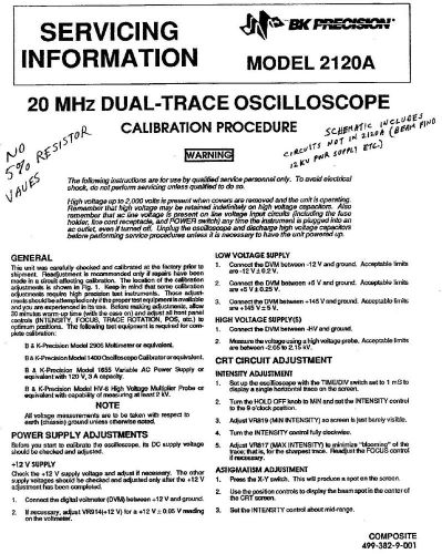 BK Precision 2120A Oscilloscope Calibration Service Manuel / with Schematics