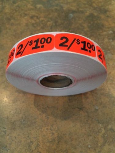 1.25&#034; x .625&#034; 2/$1.00 MERCHANDISE LABELS 1000 PER ROLL FL RED BLACK STICKER