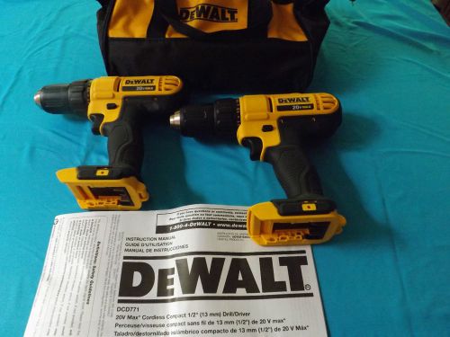 2-New 20 Volt Lith-Ium Dewalt Cordless 1/2&#034; Drill/Drivers &amp; Bag Model DCD771