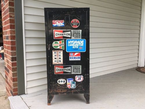 Vintage Black Metal Storage Cabinet 4 Shelves  Racing Stickers 42.5&#034;x19&#034;x12.5&#034;