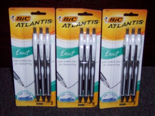 3 NEW PKGS BIC ATLANTIS EXACT BALL POINT PENS FINE POINT BLACK INK PRECISE LINES