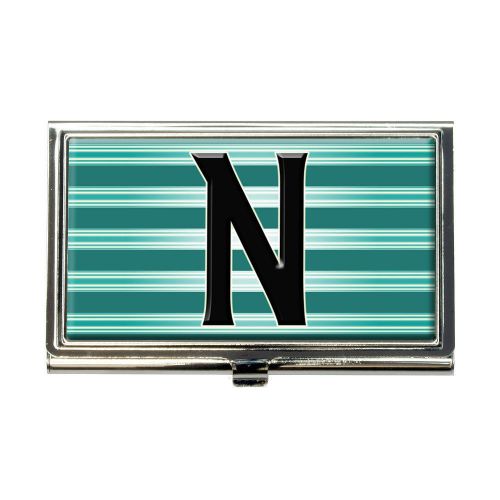 Letter N Initial Black Teal Stripes Business Credit Card Holder Case