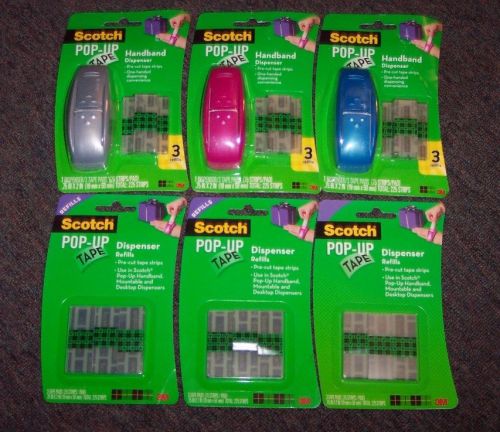 3 new scotch handband pop-up tape dispensers &amp; 3 pkgs of 3 tape pad refills for sale