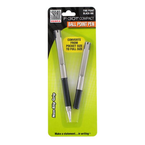 Zebra F-301 Compact Ballpoint Pen, 0.7mm, Black, 2 Pack (27412)