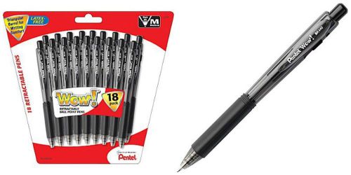 Pentel WOW Retractable Ballpoint Pens, Medium Point, Black, 18/Pack  - Brand New