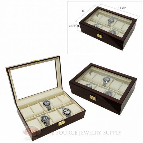 2 Piece 10 Watch Glass Top Rosewood Cases Beige Faux Leather Lining Displays
