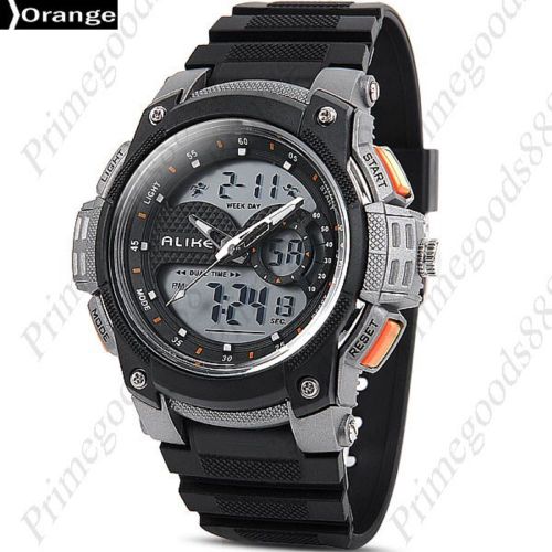 Two time zone analog digital led 2 zones men&#039;s wristwatch free shipping orange for sale