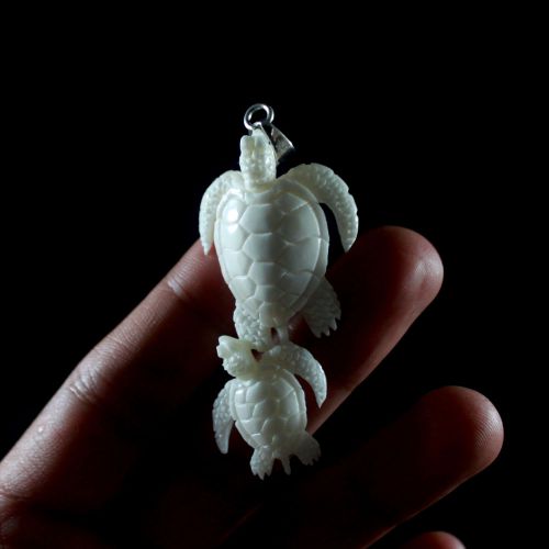 Carved Bone pendant Double Turtles handmade Jewelry 2.7&#034;  w 925 Silver Bail