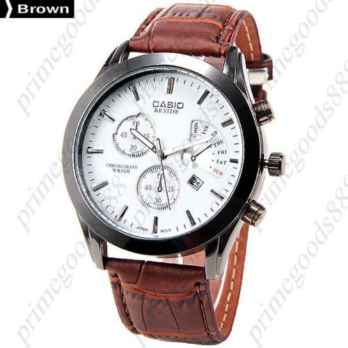 Genuine Leather Band Analog Quartz 3 False Sub Dials Men&#039;s Wristwatch Brown